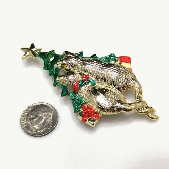 Vintage Signed Christmas Tree & Cats Brooch, Gold Plated, Book Piece - Picture 5 of 10